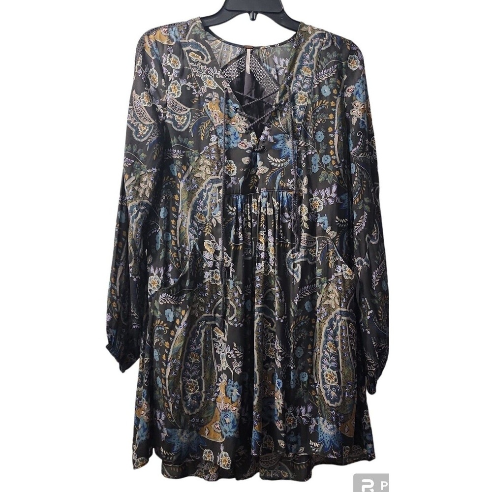 Free People Mini Dress Floral Print Long Sleeve Bohemian Black Size S